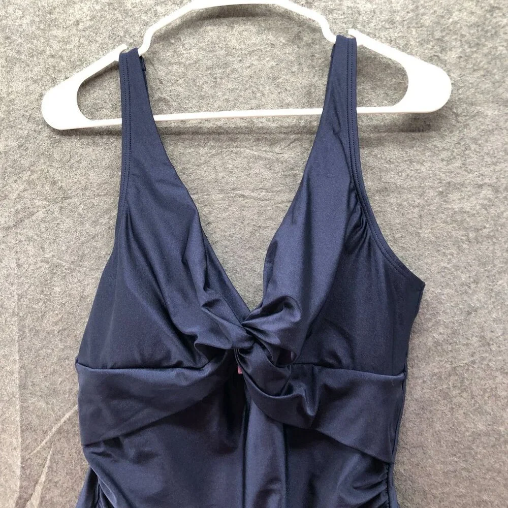 DKNY One Piece Swimsuit Womens XL Navy Blue V-Neck Cut Out Twist Front Ruched‎ - Picture 3 of 10